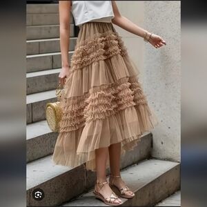 High Low Tan Layered Mesh Skirt